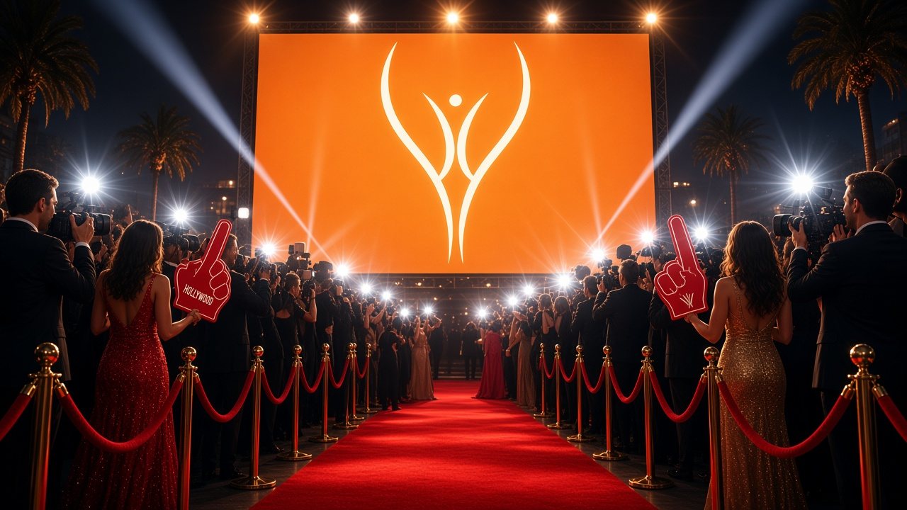 A red carpet premiere with a giant orange Punani screen